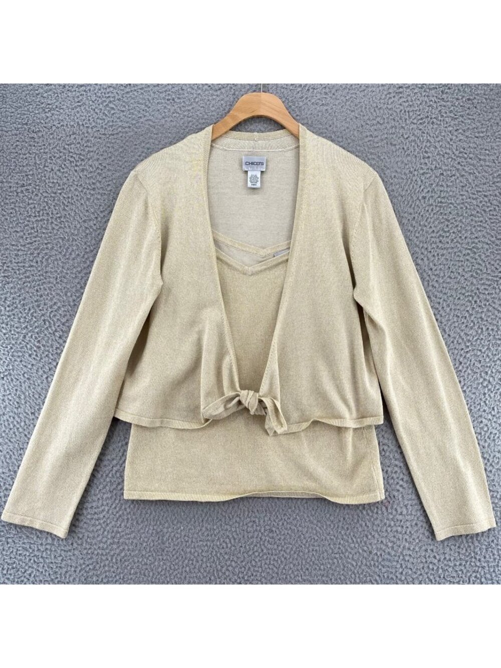 Chicos Sweater Womens 0 US Small Gold Shimmer Silk Blend Cardigan Tank 2 Piece